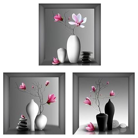 3er-Set 3D-Wandaufkleber fürs Wohnzimmer – 3D-Blumen – Vase – 30 x 30 cm – 3D – Vase – Für Schlafzimmer, Wohnzimmer, Kinderzimmer (1/5)