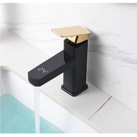 QAZQA Robinet de salle de bains avec Affichage Numérique de Température Led, Robinets de Bassin à un seul Trou avec dispositif Automatique Intégré de production d’hydroélectricité-Or (1/3)