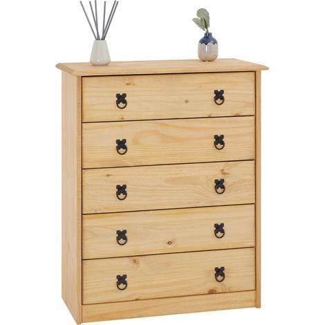 Commode en pin BARRIO, 5 tiroirs en pin massif finition teintée/cirée (1/4)