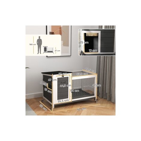 Clapier à lapins gris foncé en bois 92 x 52 x 67 cm avec enclos, roues et toit rabattable pour intérieur, jardin et terrasse (1/5)
