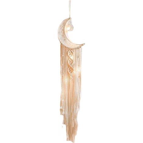 Suspension Murale Lune - Macramé Coton 100 % - Guirlande LED Fil de Cuivre - Décoration Chambre Enfant Salon Balcon - 1 Pièce