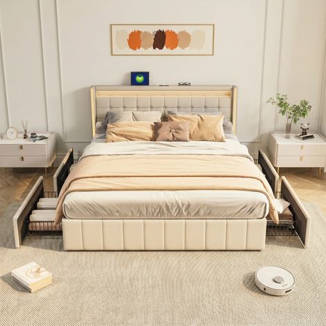 Polsterbett 160x200 cm, Doppelbett mit LED-Beleuchtung und USB-Ladestation, Modernes Stauraumbett mit 4 Schubladen, Bettgestell mit Kopfteil und Lattenrost, Leinen Beige, Ohne Matratze