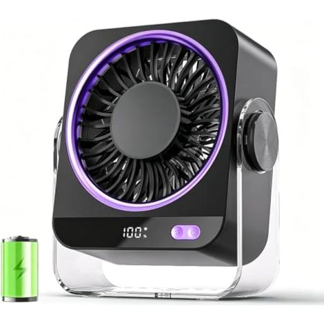 Ventilateur de Bureau, Ventilateur de Table Silencieux Rechargeable par USB 4000mAh, 5 Vitesses, Mini Ventilateur Portable Rotation à 180° pour Bureau, Maison, Extérieur (gris&violet) (1/4)