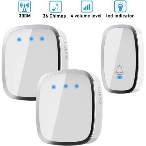 Sonnette sans Fil, Carillon sans Fil Etanche à 300 Mètres de Portée, Kit de Carillon avec LED et 36 Mélodies au 4 Niveau Volume pour Maison, Bureau, Hôtel-1 Emetteur et 2 Récepteurs Inclus (1/5)