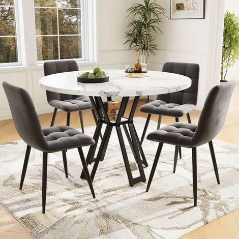 Ensemble de salle à manger 100 cm avec table ronde effet marbre blanc et 4 chaises en velours gris, pieds noirs, design moderne (1/5)