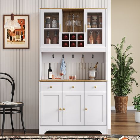 Buffet haut 94.5x30x175.5 cm blanc en MDF effet bois avec vitrines, 5 portes et 3 tiroirs (1/5)
