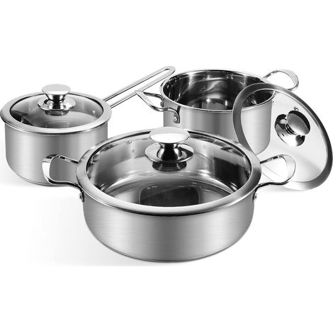 Batterie de Cuisine en Acier Inoxydable à 3 Couches, 6 pièces, Casserole et Marmite avec Couvercle en Verre, Casseroles Adapté à la Tous Feux Dont Induction, Lavable au lave-vaisselle (Argent) (1/5)