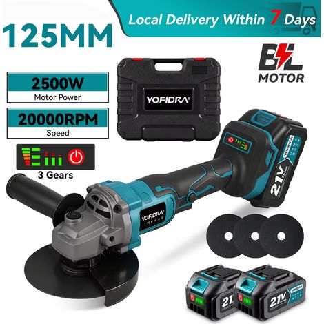 Meuleuse d'angle sans fil Brushless 125 mm – 20 000 tr/min, coupe, meulage et polissage bois et métal, compatible Makita avec 2 batteries (1/5)