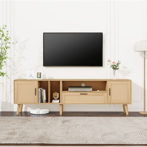Meuble TV rangement salon 180 cm rotin chene 2 portes HAVRYA (1/5)