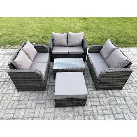 Fimous Ensemble de meubles de jardin en polyrotin 7 places avec Table basse rectangulaire Canapé d'amour Grand tabouret Gris foncé mixte (1/5)