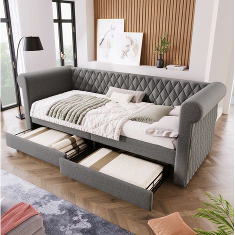 Bettsofa vintage 90x200 cm aus grauem Leinen mit Kopfteil, Lattenrost und 2 Schubladen (1/5)