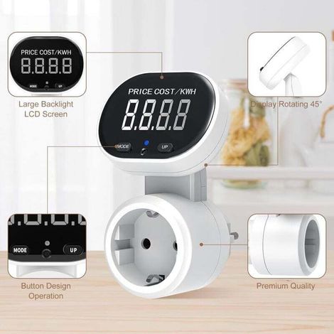 Stromzähler (Wattmeter) zum Einstecken, elektrischer Energiezähler mit 7 Betriebsmodi, 45° drehbarem Display, max. 3680 W – Weiß (1/5)