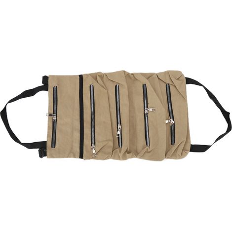 Sac de Rangement pour Outils en Toile Pliante avec Fermeture Éclair Léger et Résistant, Grand Contenance, Sac à Outils Enroulable avec Bretelles - Kaki