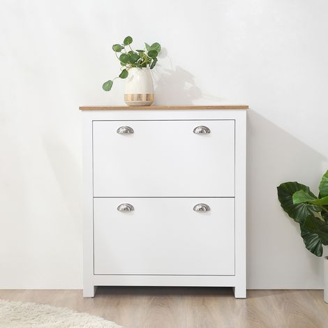 Schuhschrank für 12 Paar Schuhe, schmaler Schuhschrank mit 2 Klappschubladen und verstellbaren Einlegeböden, Metallgriffe in Muschelform, für Flur oder Eingangsbereich, 79 x 23 x 90,5 cm, weiß und eic