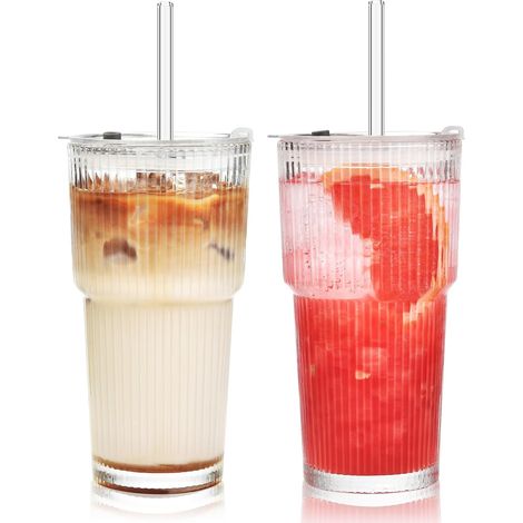 Juego de 2 vasos acanalados de 600 ml, vidrio grueso, pajita de vidrio, tapa hermética, compatibles con portavasos de coche. (1/5)