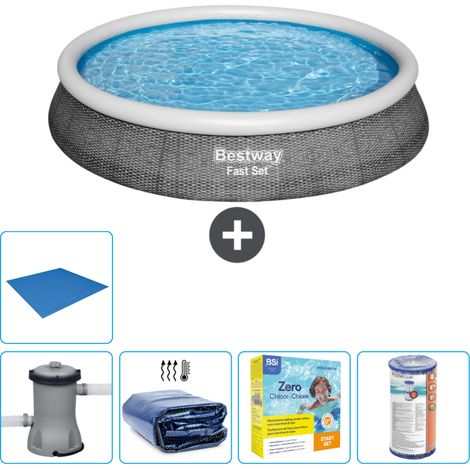Piscine gonflable ronde Bestway à réglage rapide - Imprimé rotin - 396 x 84 cm -  Comprend des Accessoires CB16 (1/5)