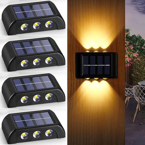 Lot de 4 lampes solaires d'extérieur décoratives pour clôture d'extérieur - Étanche IP65 - Grand angle haut et bas - Applique murale solaire pour jardin (blanc chaud) (1/5)