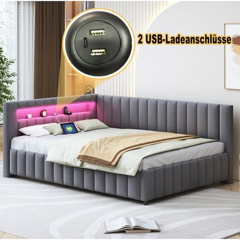 Sofá cama tapizado 82/147,5/209 cm gris de terciopelo con LED y USB (1/5)