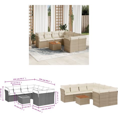 9-tlg. Garten-Sofagarnitur mit Kissen Beige Poly Rattan - Gartensortiment - Esszimmergarnitur - Lounge Set - Gartenmöbelset - Rattan Möbel - Home & Living