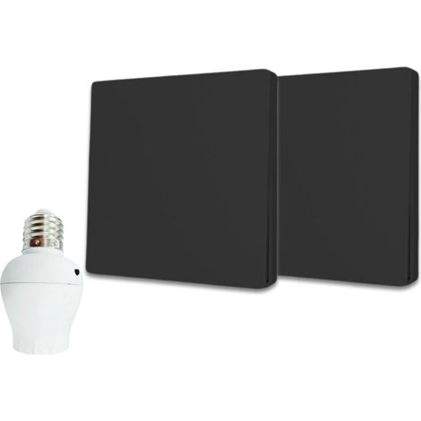 Kit interrupteur va-et-vient sans fil et sans pile prêt à poser - 2 boutons poussoirs + 1 douille radio à vis E27 - NOIR (1/5)