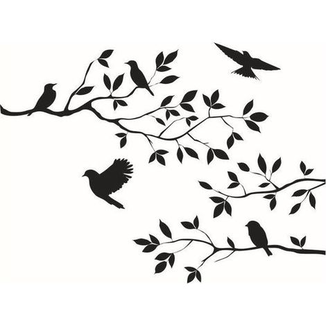 Sticker Mural - Branche D Arbre Et Oiseau - Decoration Murale Repositionnable Pour Salon Chambre Bureau - PVC - Noir - 57 X 35 Cm (1/5)