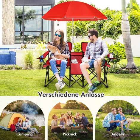 2 sitzer campingstuhl mit sonnenschirm klappbarer angelstuhl mit tragetasche rot (1/5)