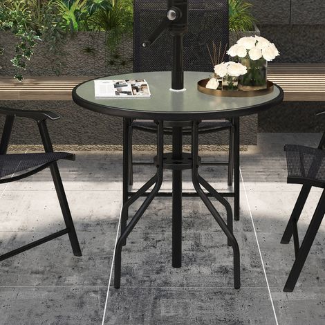Table ronde jardin verre trempé trou parasol structure métallique terrasse extérieure balcon Ø80x72cm, noir