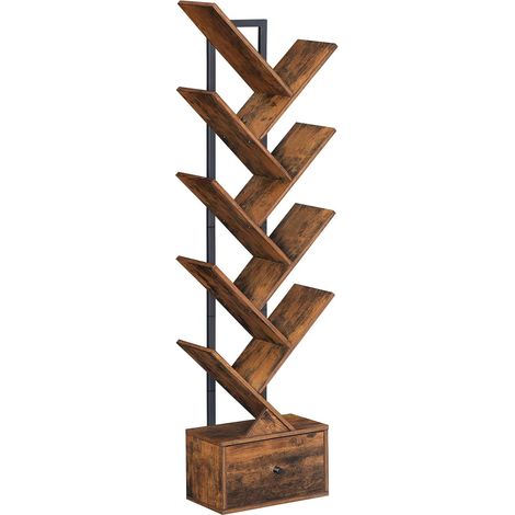 Étagère en Forme d'arbre, Bibliothèque sur Pieds à 8 Niveaux, Étagère de Rangement, pour CD, DVD, Livres, Style Rustique, pour Salon, Chambre, Bureau, Marron Rustique et Noir (1/5)