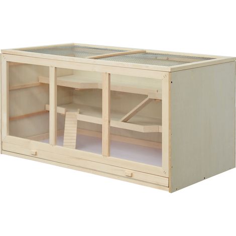 Cage en bois  pour hamsters, 3 niveaux, avec étagère lavable, couvercle à charnières et escalier, idéale pour hamsters et hamsters nains, 115 x 57 x 55 cm, bois naturel