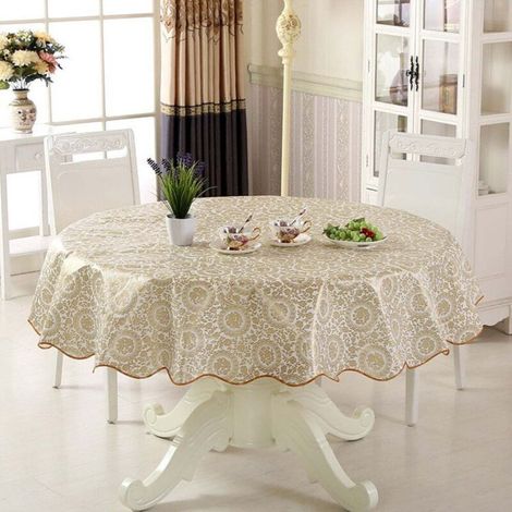 Nappe ronde en vinyle imperméable et lavable, facile à nettoyer, adaptée aux tables rondes de restaurants, cuisines, jardins, balcons, etc. (couleur or, 150 cm de diamètre) (1/5)