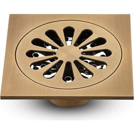 Shower drain with removable cover, square drain grid, 10 x 10 cm (colour: brass). (1/5)