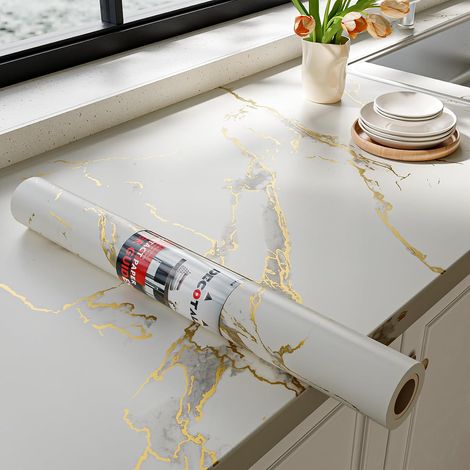 Revtement Plan de Travail Adhésif Blanc Or Marbre 40X500cm Papier Adhesif Pour Meuble Cuisine Blanc Lavable Inyle Adhesif Marbre Papier Autocollant Pour Armoires Étagères Porte Imperméable (1/5)