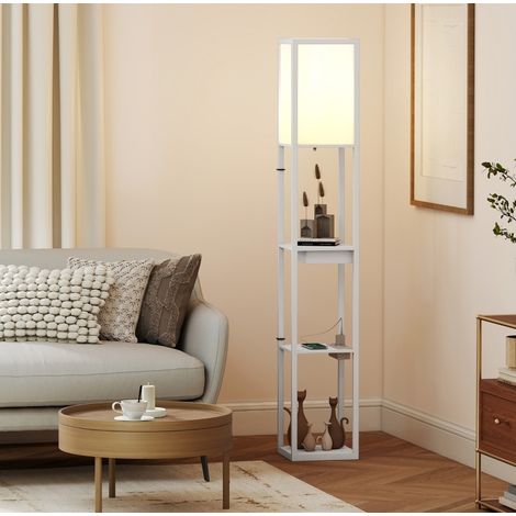 Lampada da terra con scaffale a 3 ripiani, USB, interruttore a pedale, MDF bianco OKMYHOME (1/5)