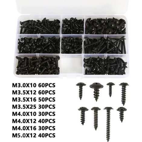 340PCS Self Tapping Screw Assortment M3 M3.5 M4 M4.8 Black Cylindrical Self Drilling Screws Self Drilling Screws Black Good Quality Durable Zinc Plated with Practical Plastic Box (1/5)