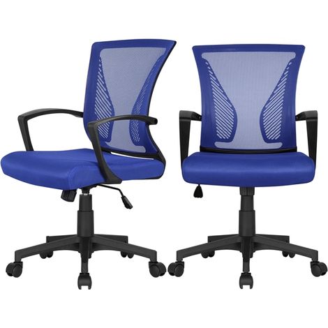 Yaheetech 2 Sedie da Scrivania Ufficio Studio in Rete Ergonomica a Rotelle Girevole Inclinabile Altezza Regolabile con Braccioli Blu