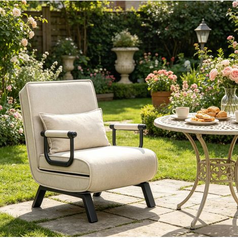 Poltrona convertibile 3 in 1 con schienale regolabile in 5 posizioni, lino e metallo, beige (1/5)