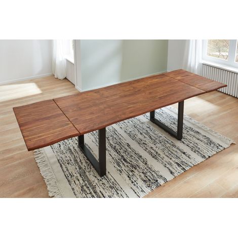Baumkantentisch Akazie nougatfarben 220 (320) x 100 cm Ansteckplatten schwarz NORINA