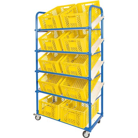 BRB Schrägboden-Regalwagen mit 5 Ebenen, 4 Lenkrollen, bestückt mit 10 Euroboxen durchbrochen 600x400x240 mm gelb