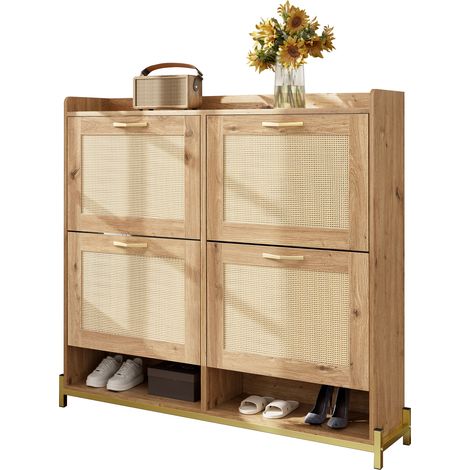 Eleganter Schuhschrank aus Holz mit Rattantüren, 4 Türen, Metallrahmen und oberem Regal für eine stilvolle und ordentliche Aufbewahrung