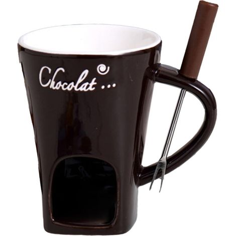 Tasse à fondue au chocolat en céramique –Fourchette –Compatible lave-vaisselle –brun (1/5)