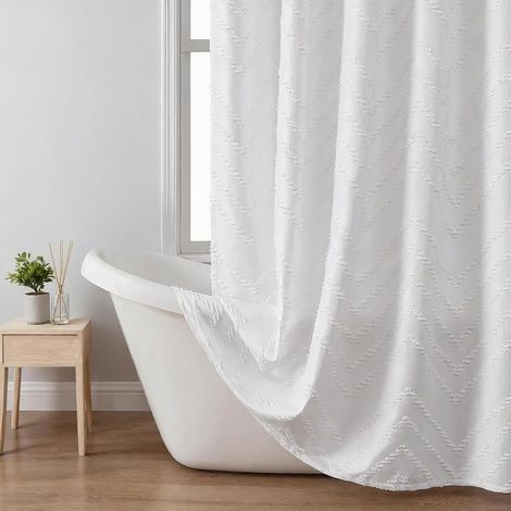 Petit Rideau de Douche 92x180 Ourlet Lesté Rideau Douche Waterproof Blanc avec Anneaux Tissus Lavable (1/5)