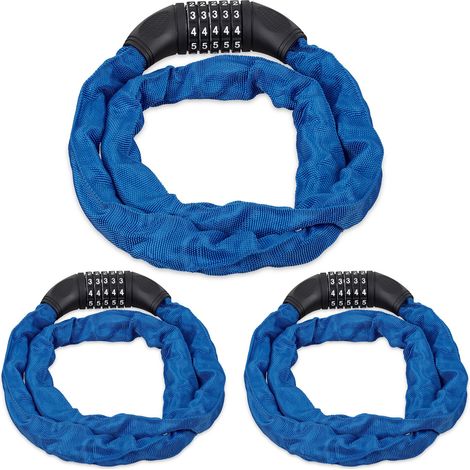 3x Lucchetto a Combinazione per Bicicletta, Catenaccio Sicurezza con Codice a 5 Cifre, in Acciaio, 120 cm, Blu