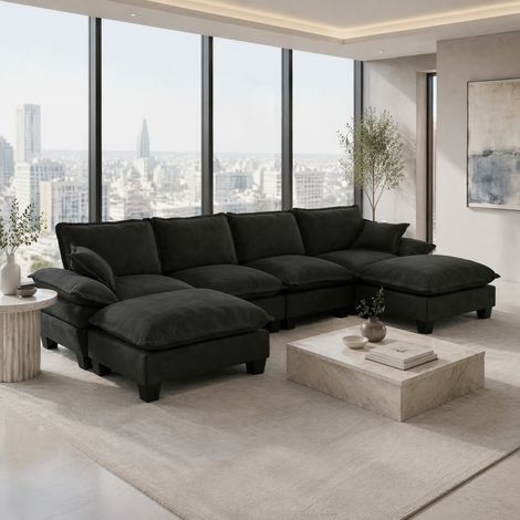 Sofá esquinero modular en U de 6 plazas de chenilla negro HAVRYA (1/5)