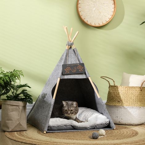 Tente pour animaux Maison chat chien Lit avec coussin doux Feutre en peluche Lavable gris 58 x 80 cm