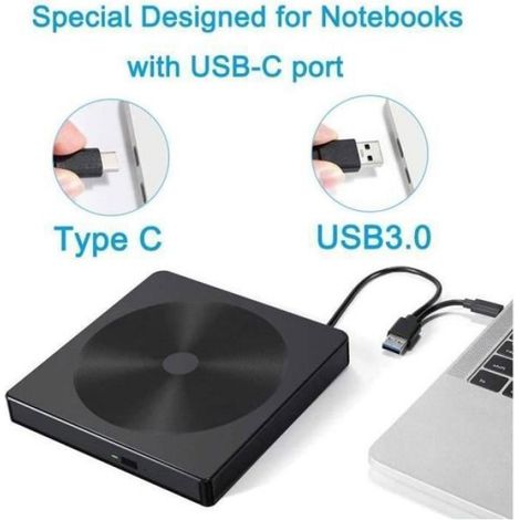 Graveur DVD CD Externe - USB 3.0 Type C ultra slim Lecture et gravure rapide - Ordinateur portable et bureau - Portable USB C (1/4)