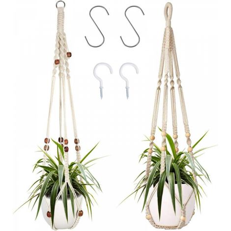 Suspension pour plantes d'intérieur en corde de coton blanche, 85 cm, avec perles en bois, pour décoration intérieure, sans crochet, 1 paire (1/5)
