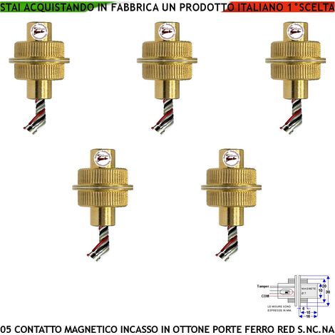 Allarme Contatto Magnetico In Ottone a Cilindro da Incasso 5 Pezzi Sensore Reed Scambio Rileva Posizione Cancello in Ferro Campo 20 mm 5 Fili 3 C.NC.NA 2 Tamper Max 30 V 10W Fissaggio ad Incasso IP65