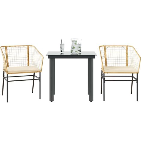 3-tlg. Garten-Essgruppe mit Kissen Braun Poly Rattan Glas