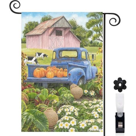 Drapeau de jardin automne 30 x 45 cm motif camion et citrouilles style ferme toile double face extérieure (1/5)