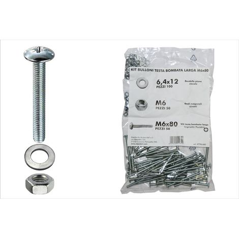 Kit viti testa bombata larga Ø 6 x 80 + dadi + rondelle - 200 pz.